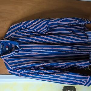90s Tommy Hilfiger Blue Long Sleeve Shirt with Red and White Stripes Vintage XXL